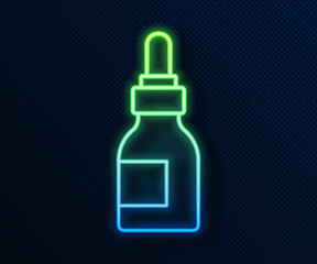 Glowing neon line Beard and mustaches care oil bottle icon isolated on blue background. Glass bottle with pipette. Vector