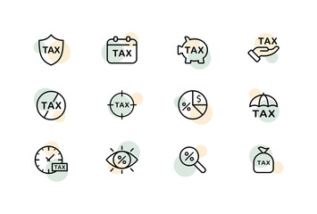 Tax set icon. Housing rental, places, credit, installment, money, payment, interest, magnifying glass. Lease concept. Vector line icon for Business and Advertising