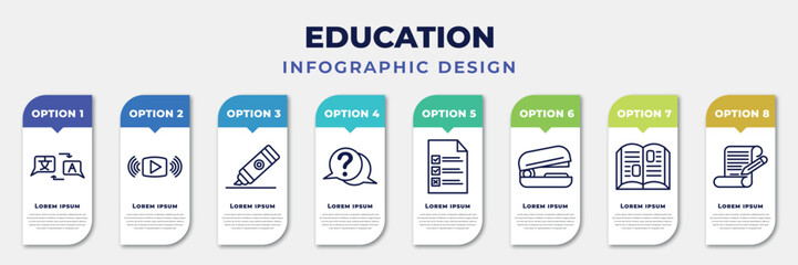infographic template with icons and 8 options or steps. infographic for education concept. included translator, streaming, marker, question, test, stapler, book, writing editable vector. - obrazy, fototapety, plakaty