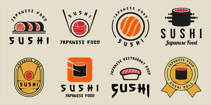 Set Of Sushi Logo Vintage Vector Illustration Template Icon Graphic Design. Bundle Collection Of Various Japanese Food For Business Restaurant