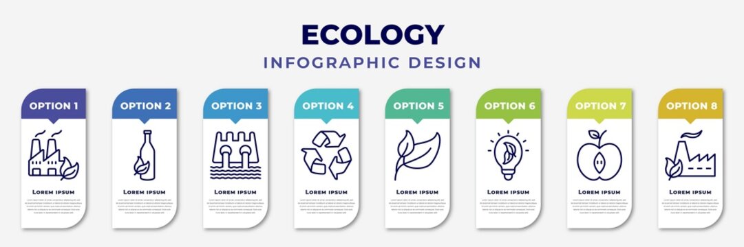 Infographic Template With Icons And 8 Options Or Steps. Infographic For Ecology Concept. Included Sustainable Factory, Recycled Bottle, Dam, Recycle, Two Leaves, Eco Light, Half, Eco Factory