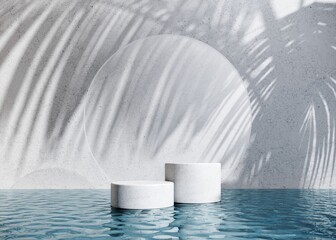 Exhibition Podium, stand in a pool with clear water for premium product - 3D render. Abstract natural,organic background for advertising products, spa body care, relaxation, health.