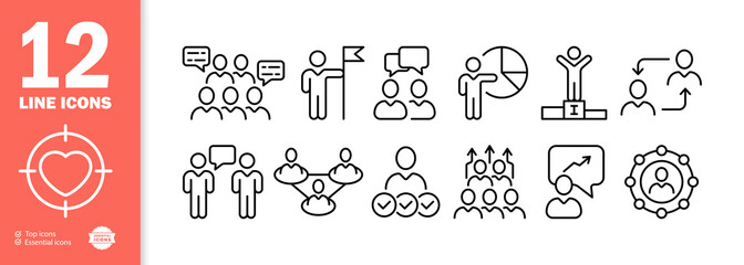 Pictogram set icon. Feedback, feedback, flag, achievement, pie chart, connection, relationship, group of people. Infographic concept. Vector line icon for Business and Advertising