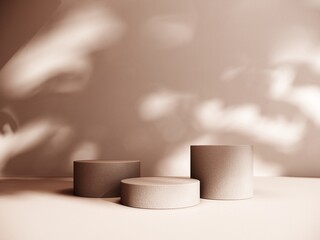 Premium podium, stand on pastel light background. Unobtrusive background with shadow on the wall - 3D render. Mock up for exhibitions, presentation of products, therapy, relaxation and health.	