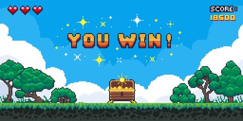 Pixel game win screen. Retro 8 bit video game interface with You Win text, computer game level up background. Vector pixel art illustration - obrazy, fototapety, plakaty