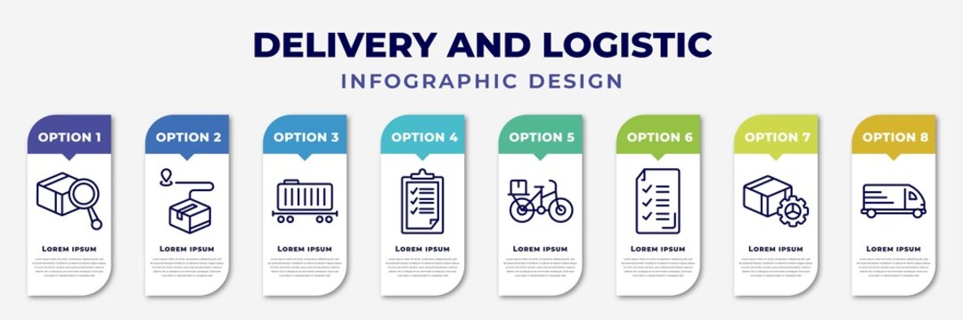 infographic template with icons and 8 options or steps. infographic for delivery and logistic concept. included inspection, delivery destination, cargo train, clipboard, delivery by bike, list,