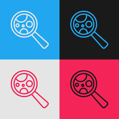 Pop art line Microorganisms under magnifier icon isolated on color background. Bacteria and germs, cell cancer, microbe, virus, fungi. Vector