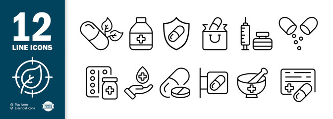 Disease set icon. Pills, medicine, traditional medicine, tablets, syrup, prescription, injection, doctor, etc. Health care concept. Vector line icon for Business and Advertising