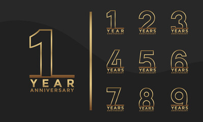Fototapeta na wymiar Set of Anniversary outline logotype and golden color with black background for celebration