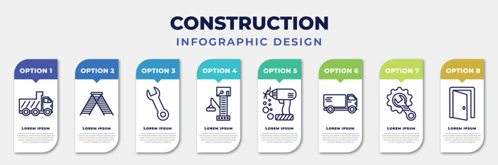 infographic template with icons and 8 options or steps. infographic for construction concept. included tipper, double ladder, spanner, big derrick with boxes, electric drill, truck with freight,