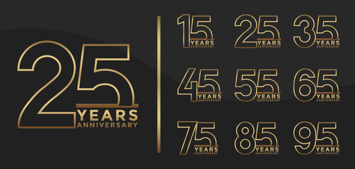 Set of Anniversary outline logotype and golden color with black background for celebration