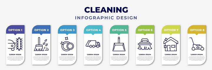infographic template with icons and 8 options or steps. infographic for cleaning concept. included clean car, leaf cleanin, clean dishes, garbage truck cleanin, wiping dustpan, brush cleanin, house