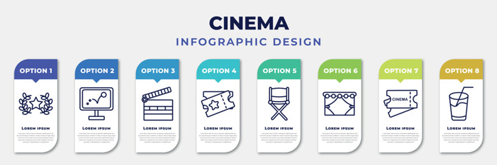 infographic template with icons and 8 options or steps. infographic for cinema concept. included movie award, animation, cinema clapperboard, two movie tickets, director film chair, cinema curtain,