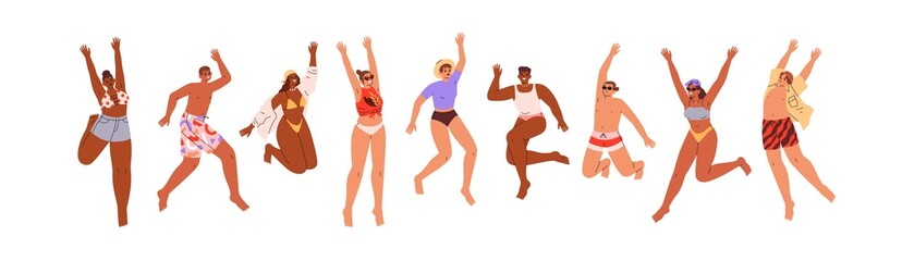 Young people in swimwear jumping up with fun and joy, happy with summer holidays. Excited active men and women with positive energy. Flat graphic vector illustration isolated on white background - obrazy, fototapety, plakaty