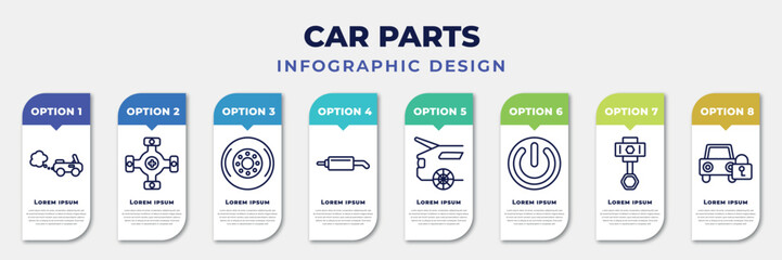 infographic template with icons and 8 options or steps. infographic for car parts concept. included car tailpipe, car universal joint, hubcap, silencer, boot, ignition, cylinder, lock editable