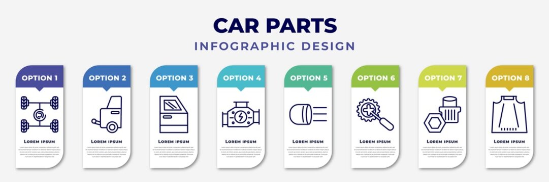 infographic template with icons and 8 options or steps. infographic for car parts concept. included car suspension, car towbar, trim, carburettor, headlight, crank, wheel nut, bonnet editable
