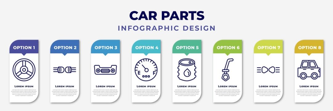 infographic template with icons and 8 options or steps. infographic for car parts concept. included car horn, car indicator, bumper, fuel gauge, petrol tank, dipstick, parking light, hard top