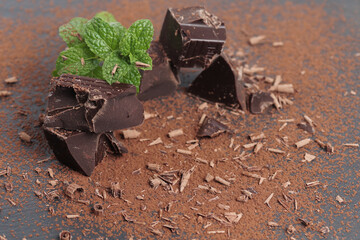 Broken dark chocolate and cocoa powder on a table