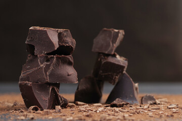 Broken dark chocolate and cocoa powder on a table