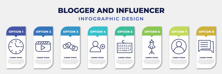 infographic template with icons and 8 options or steps. infographic for blogger and influencer concept. included clock, video, likes, follow, keyboard, fashion, profile, comment editable vector.