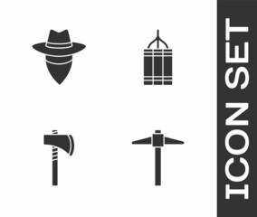 Set Pickaxe, Cowboy, Tomahawk and Dynamite bomb icon. Vector