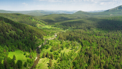 Fototapeta na wymiar Southern Urals, Ural Mountains, mountain taiga. Aerial view.