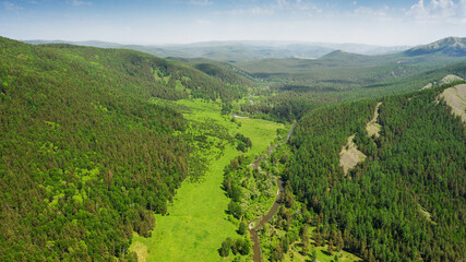 Southern Urals, Ural Mountains, mountain taiga. Aerial view.