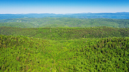 Southern Urals, Ural Mountains, mountain taiga. Aerial view.