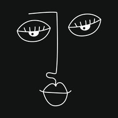 Abstract human face. Minimalist illustration lips, nose and eyes. Black and white. Black background. One line drawing.