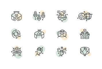 A virtual reality set icon. 360 viewing angle, helmet, 3D glasses, virtual reality game, Degree View, Panorama, Rotation Arrows and more. Vector line icon for Business and Advertising
