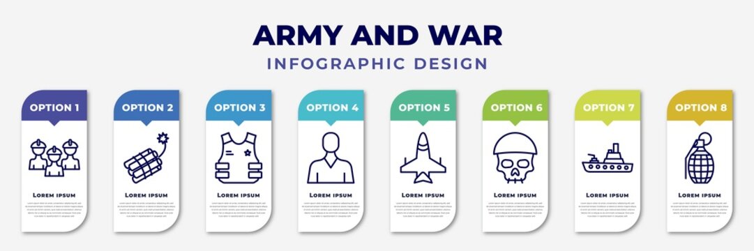infographic template with icons and 8 options or steps. infographic for army and war concept. included brigade, dynamite, bulletproof, civilian, jet, skull army, army boat, granade editable vector.
