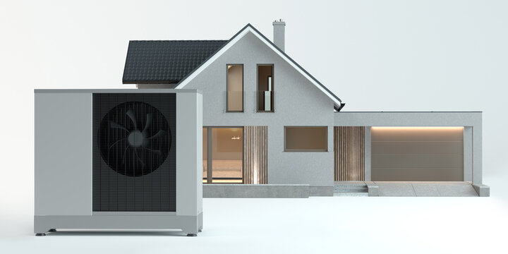 Air heat pump beside house, white background 3D illustration
