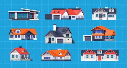 Village houses. Small town cottage, one and two-story rural buildings, cute cartoon suburban real estate house exteriors. Vector set