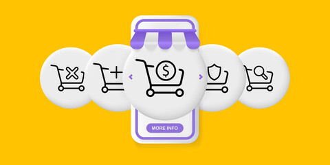 Shopping cart set icon. Shopping symbol, cross, add, plus, dollar, search. Order concept. UI phone app screens with people. Vector line icon for Business and Advertising