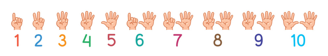 Hands with fingers Icon set for counting education - obrazy, fototapety, plakaty