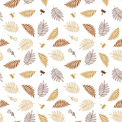 Boho seamless background with leaves and dragonfly. Vector pattern
