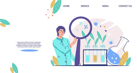 Laboratory research and study of new agricultural technologies website mockup. Webpage for plant breeding methods and genetic modification, flat vector illustration.