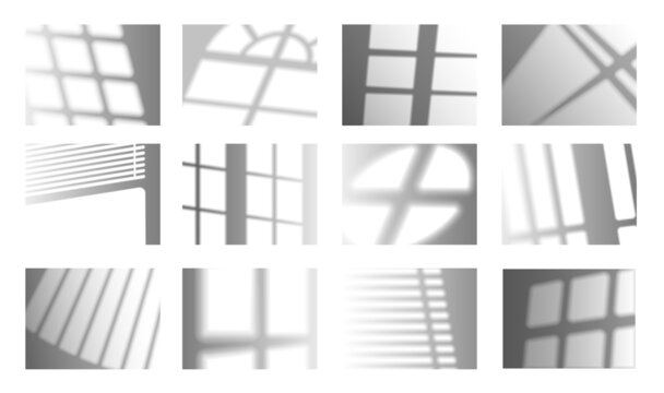 Window shadow overlay. Realistic light shade effect, window frames and sun blinder shadows overlapping on the wall. Vector isolated set