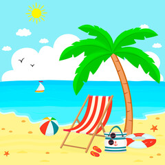 Summer chair, palm tree,bag,rubber ring,ball and sunglasses on the beach