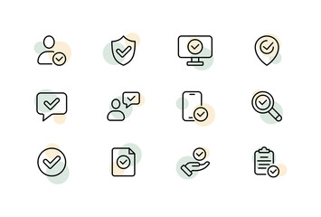 Check mark set icon. Ticks with man, shield, monitor, printer, feedback, phone, magnifier, clipboard, hand, file, etc. Success concept. Vector line icon for Business and Advertising