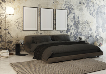 3d Illustration Bedroom large bed with dark sheets.
Empty bedroom in side view with marble walls and floor. Artificial light from the floor lamp. Large bed with dark sheets