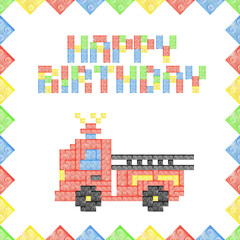Watercolor illustration of frame and toy red fire truck for happy birthday invitation made from plastic building bricks pieces on white background.