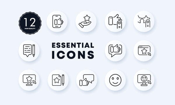 Review set icon. Trumb up, thumb up, star, emotion, recall, comment, account, mention. Feedback concept. Neomorphism style. Vector line icon for Business and Advertising