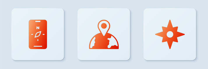 Set Location on the globe, Compass mobile and Wind rose. White square button. Vector