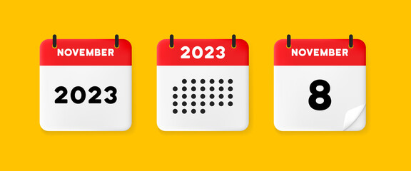 Calendar set icon. Calendar on a yellow background with eight november, 2022, 8 number text. Reminder. Date menegement concept. Vector line icon for Business and Advertising