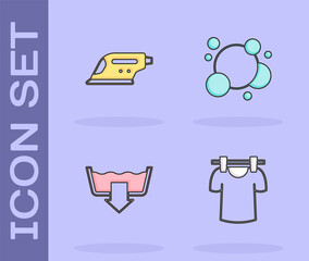 Set Drying clothes, Electric iron, Washing modes and Soap water bubbles icon. Vector