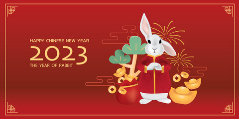 Happy New Year, 2023 , Chinese traditional zodiac . the year of rabbit. cute little rabbit with felicitous element. vector illustration