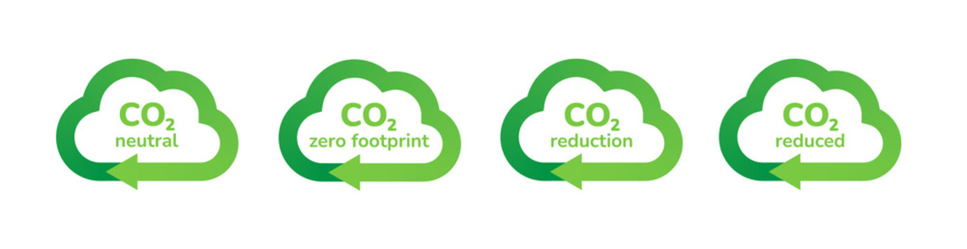 CO2 emission reduction icon set. Zero carbon footprint, CO2 neutral, CO2 reduced concept. Stop global warming environment pollution. Green labels for packaging design. Flat vector illustration.