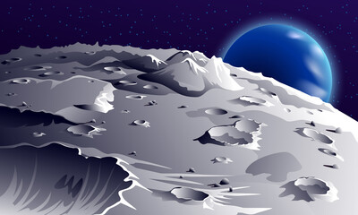 Earth view from the lunar surface. Vector space landscape with craters and mountains on the moon.