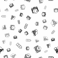 Set Battery with recycle symbol, Eco nature leaf battery, Electric car and charge on seamless pattern. Vector